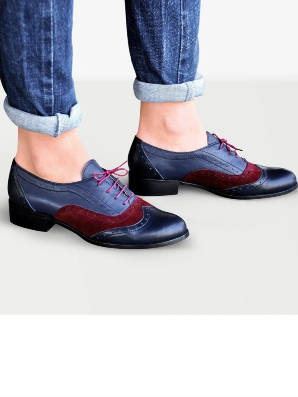 Julia Bo Lenox Oxford Shoes Women's Two Tone Navy and Burgundy Leather